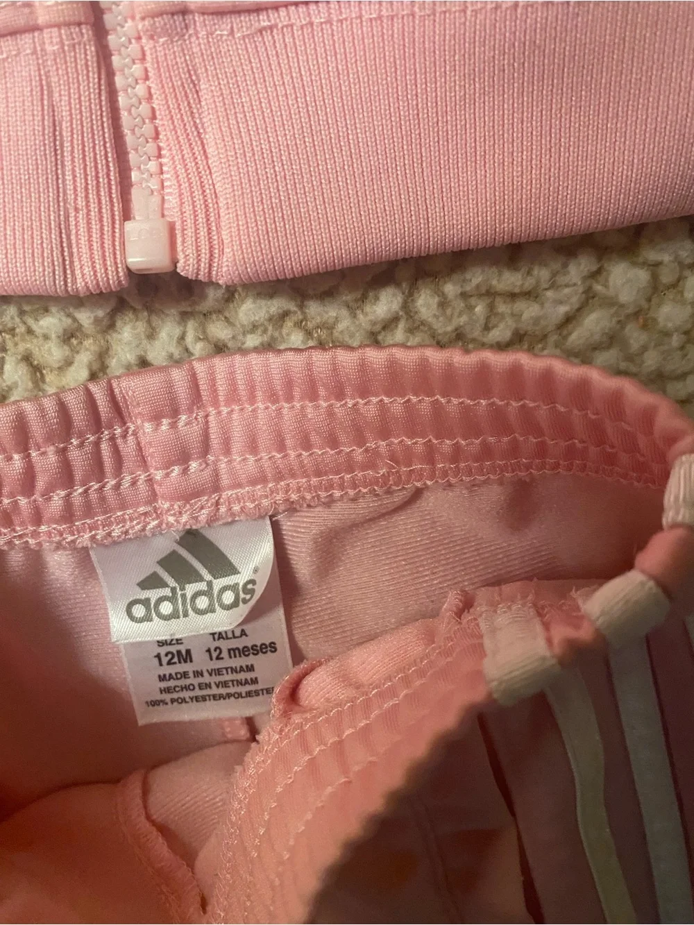 Adidas Pink Track Suit Pants Jacket White Leg Sleeve Stripe Zip Coat 12 Month